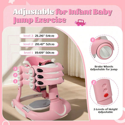 5 In 1 Baby Walker (Walk/Jumper/Rocking/Trolley Mode),Foldable Music & Bouncer Combo Toddler Walker W/ 3 Height Adjustable For Infant 6-18 Months,Pink