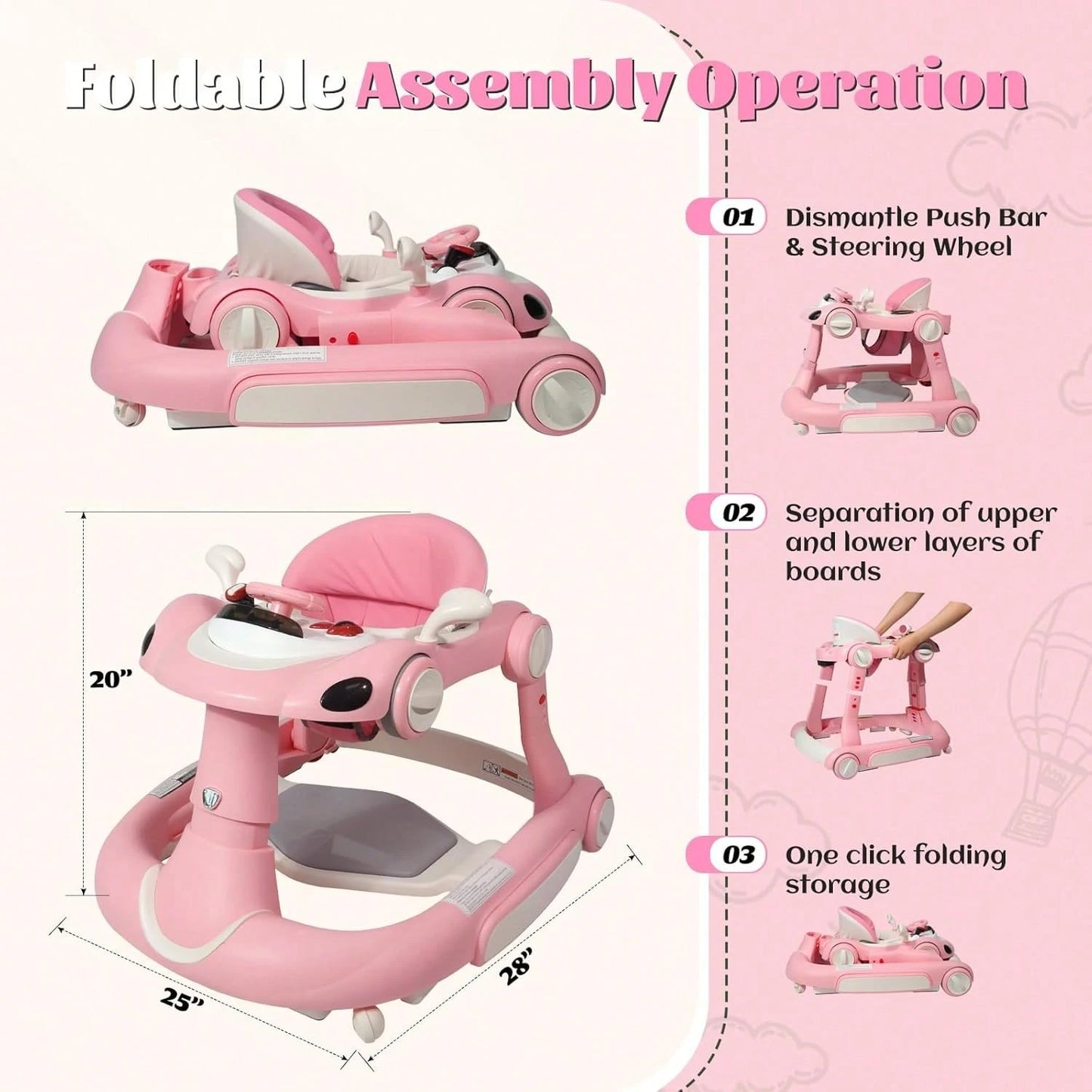 5 In 1 Baby Walker (Walk/Jumper/Rocking/Trolley Mode),Foldable Music & Bouncer Combo Toddler Walker W/ 3 Height Adjustable For Infant 6-18 Months,Pink