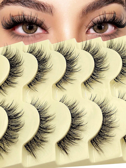 5 Pairs Natural Look False Eyelashes- Fluffy Soft Criss-Cross Cartoon Style Fake Lashes, Invisible Thin Band, Reusable, Beginner Friendly, Suitable For Cosplay & Daily Makeup