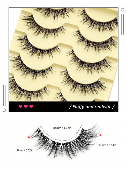 5 Pairs Natural Look False Eyelashes- Fluffy Soft Criss-Cross Cartoon Style Fake Lashes, Invisible Thin Band, Reusable, Beginner Friendly, Suitable For Cosplay & Daily Makeup