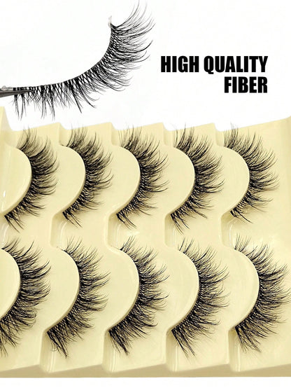5 Pairs Natural Look False Eyelashes- Fluffy Soft Criss-Cross Cartoon Style Fake Lashes, Invisible Thin Band, Reusable, Beginner Friendly, Suitable For Cosplay & Daily Makeup