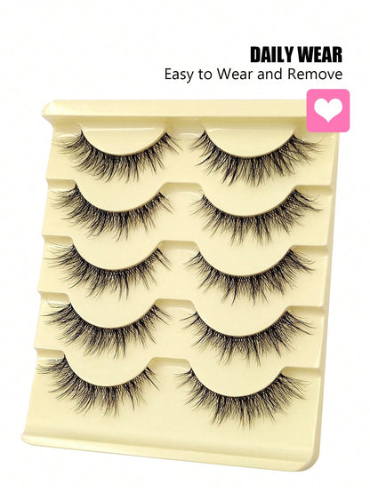 5 Pairs Natural Look False Eyelashes- Fluffy Soft Criss-Cross Cartoon Style Fake Lashes, Invisible Thin Band, Reusable, Beginner Friendly, Suitable For Cosplay & Daily Makeup