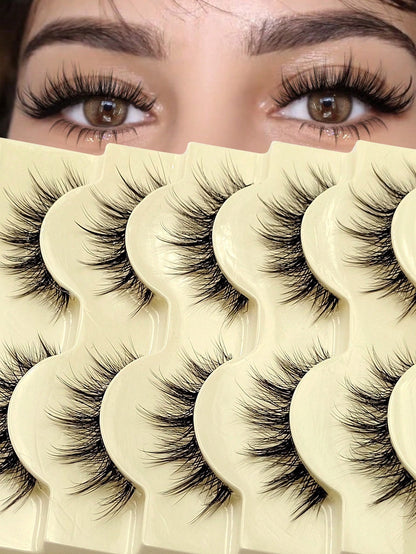5 Pairs Natural Look False Eyelashes- Fluffy Soft Criss-Cross Cartoon Style Fake Lashes, Invisible Thin Band, Reusable, Beginner Friendly, Suitable For Cosplay & Daily Makeup