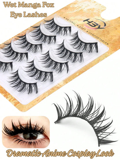 5 Pairs Spiky Wet Manga Anime False Strip Lashes, Natural Wispy Wet Look Fake Eyelashes, Layered Fluffy Eyelash Extensions, Dramatic Cat Eye Lashes, Comfortable Strip Eye Lashes Beauty Makeup Accessor