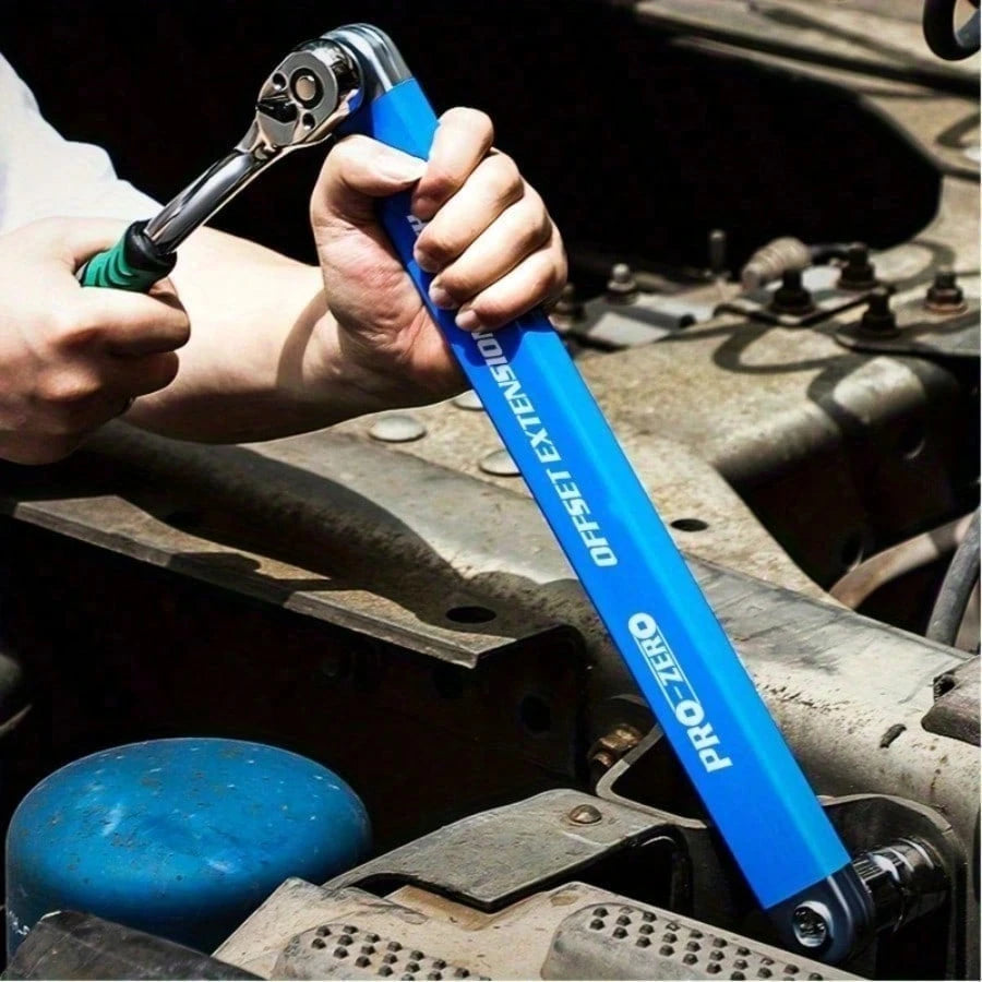 (5-Piece Set) 2-In-1 Multi-Purpose Ratchet Offset Extension Wrench With 1/2-Inch, 1/4-Inch, And 3/8-Inch Square Head Adapters For Use In Tight Spaces. 180-Degree Rotation, High Torque, Non-Slip Handle