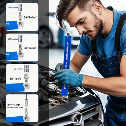 (5-Piece Set) 2-In-1 Multi-Purpose Ratchet Offset Extension Wrench With 1/2-Inch, 1/4-Inch, And 3/8-Inch Square Head Adapters For Use In Tight Spaces. 180-Degree Rotation, High Torque, Non-Slip Handle