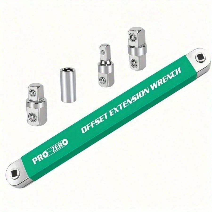 (5-Piece Set) 2-In-1 Multi-Purpose Ratchet Offset Extension Wrench With 1/2-Inch, 1/4-Inch, And 3/8-Inch Square Head Adapters For Use In Tight Spaces. 180-Degree Rotation, High Torque, Non-Slip Handle