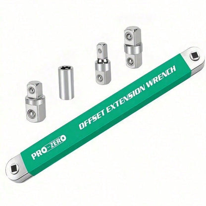 (5-Piece Set) 2-In-1 Multi-Purpose Ratchet Offset Extension Wrench With 1/2-Inch, 1/4-Inch, And 3/8-Inch Square Head Adapters For Use In Tight Spaces. 180-Degree Rotation, High Torque, Non-Slip Handle