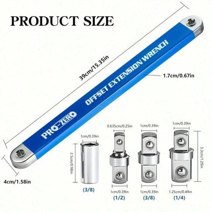 (5-Piece Set) 2-In-1 Multi-Purpose Ratchet Offset Extension Wrench With 1/2-Inch, 1/4-Inch, And 3/8-Inch Square Head Adapters For Use In Tight Spaces. 180-Degree Rotation, High Torque, Non-Slip Handle