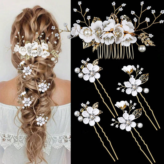 5 Pieces Bridal Flower Wedding Hair Pins Crystal Pearl Hair Combs Clips Headpiece Gold Wedding Hair Accessories Jewelry For Brides Bridesmaids