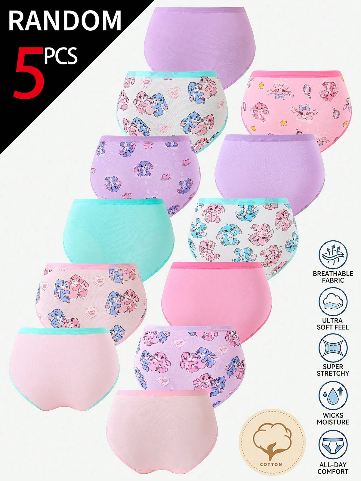 [5 Random Piece] Randomly Ships 5 Of 12 PcsToddler Girls Underwear,Soft Knit Skin-Friendly Panties With Cartoon Graphic Daily Comfortable Briefs
