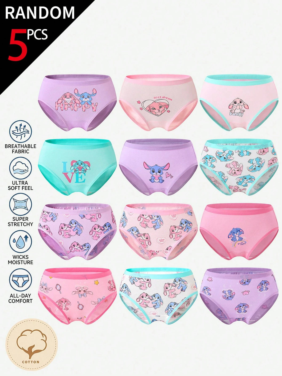[5 Random Piece] Randomly Ships 5 Of 12 PcsToddler Girls Underwear,Soft Knit Skin-Friendly Panties With Cartoon Graphic Daily Comfortable Briefs