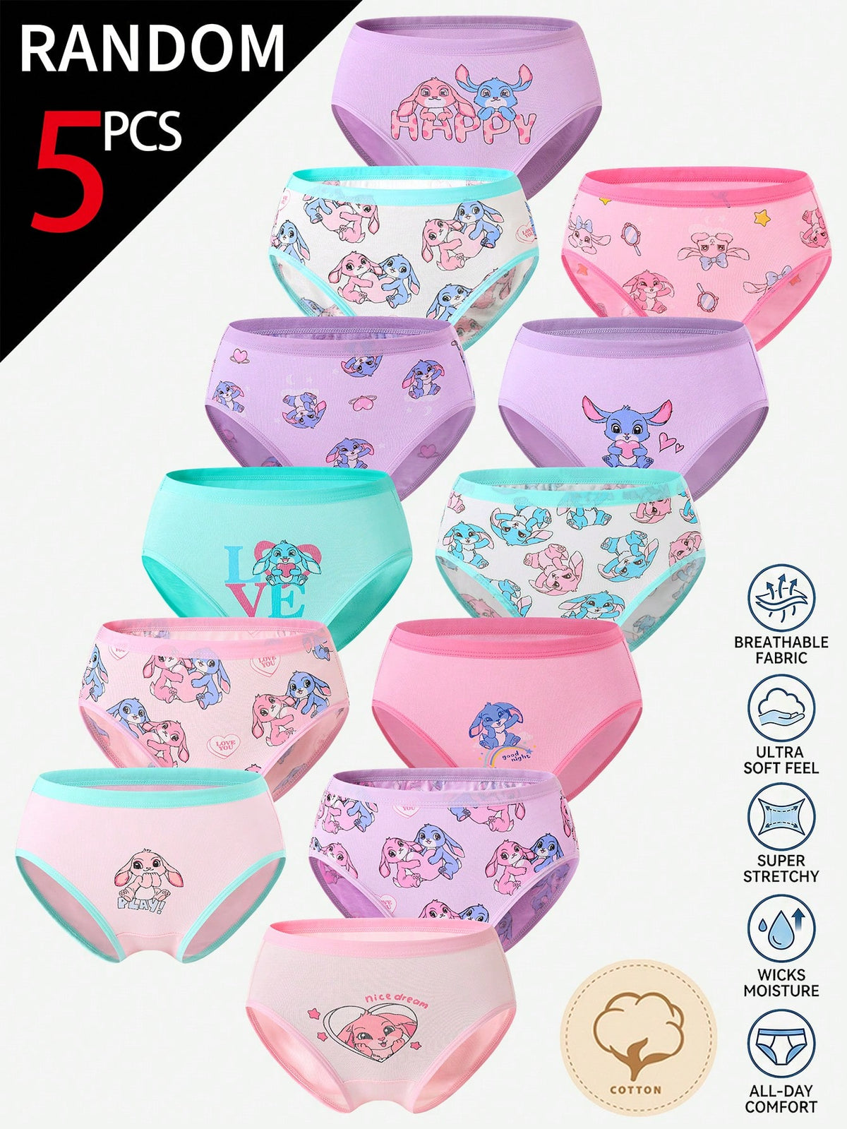 [5 Random Piece] Randomly Ships 5 Of 12 PcsToddler Girls Underwear,Soft Knit Skin-Friendly Panties With Cartoon Graphic Daily Comfortable Briefs