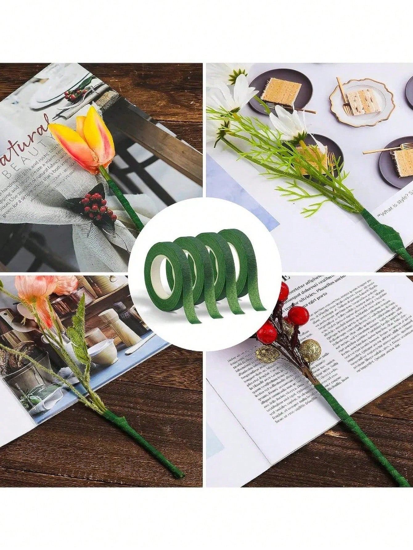 5 Rolls- 1 Roll Self-Adhesive Floral Tape, Green Stem Wrapping Tape, Paper Tape For Stems, Stamen Wrapping, Florist DIY Craft Materials, Decorative Flowers, Wedding Supplies, Packaging, Graduation Se