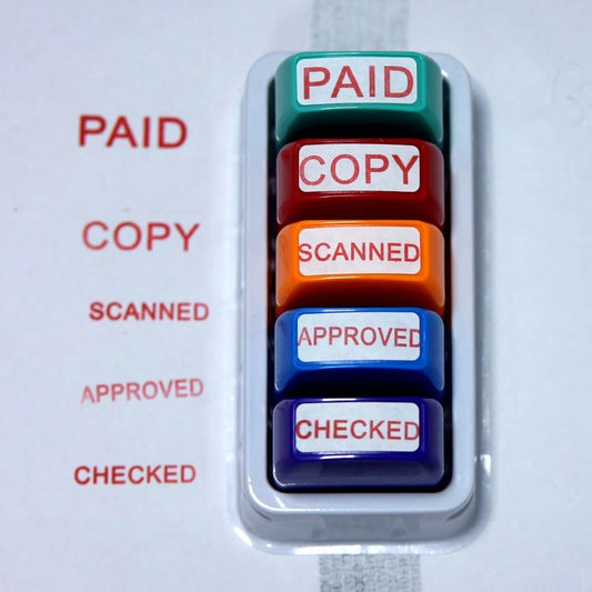 5 Sets Of Financial Seals PAID COPY SCANNED APPROVED CHECKED. Paid Copy Scanned Approved Checked. Office Supplies. Clear Mark Of Financial Supplies. Red Mark With Storage Tray