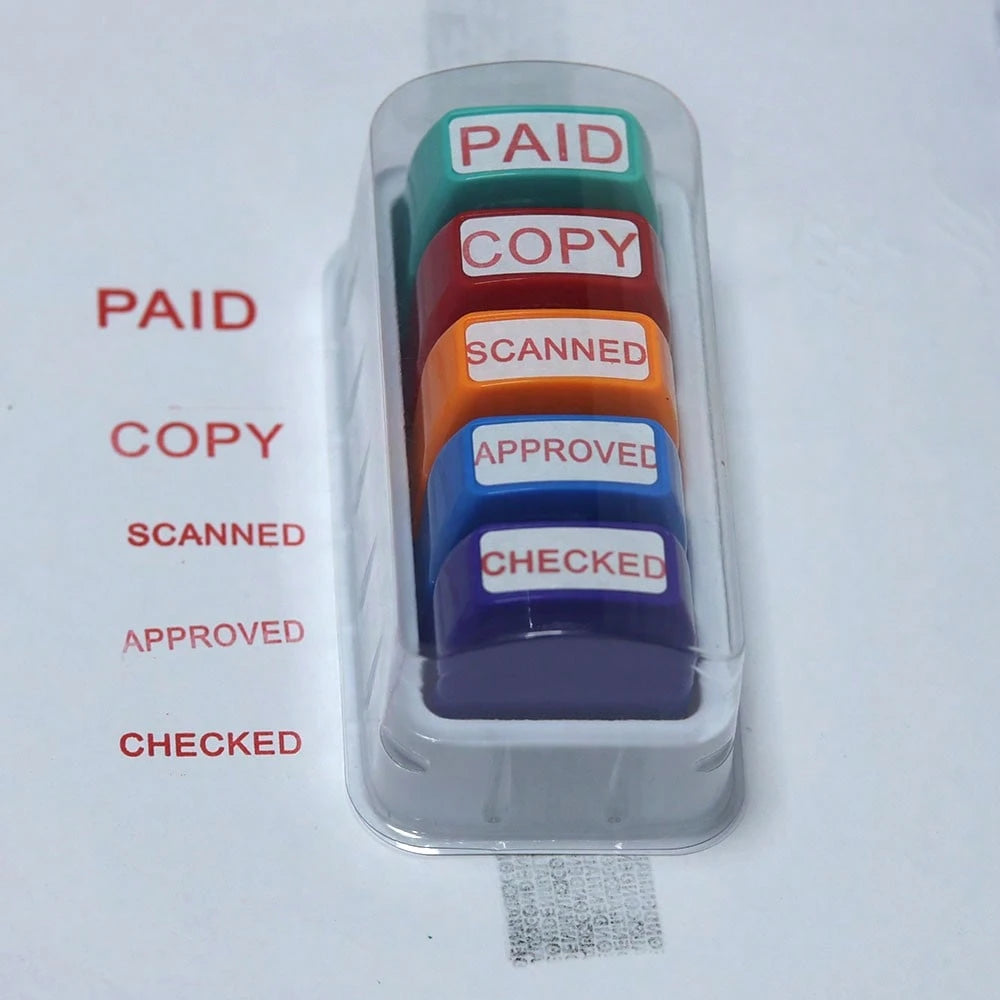 5 Sets Of Financial Seals PAID COPY SCANNED APPROVED CHECKED. Paid Copy Scanned Approved Checked. Office Supplies. Clear Mark Of Financial Supplies. Red Mark With Storage Tray