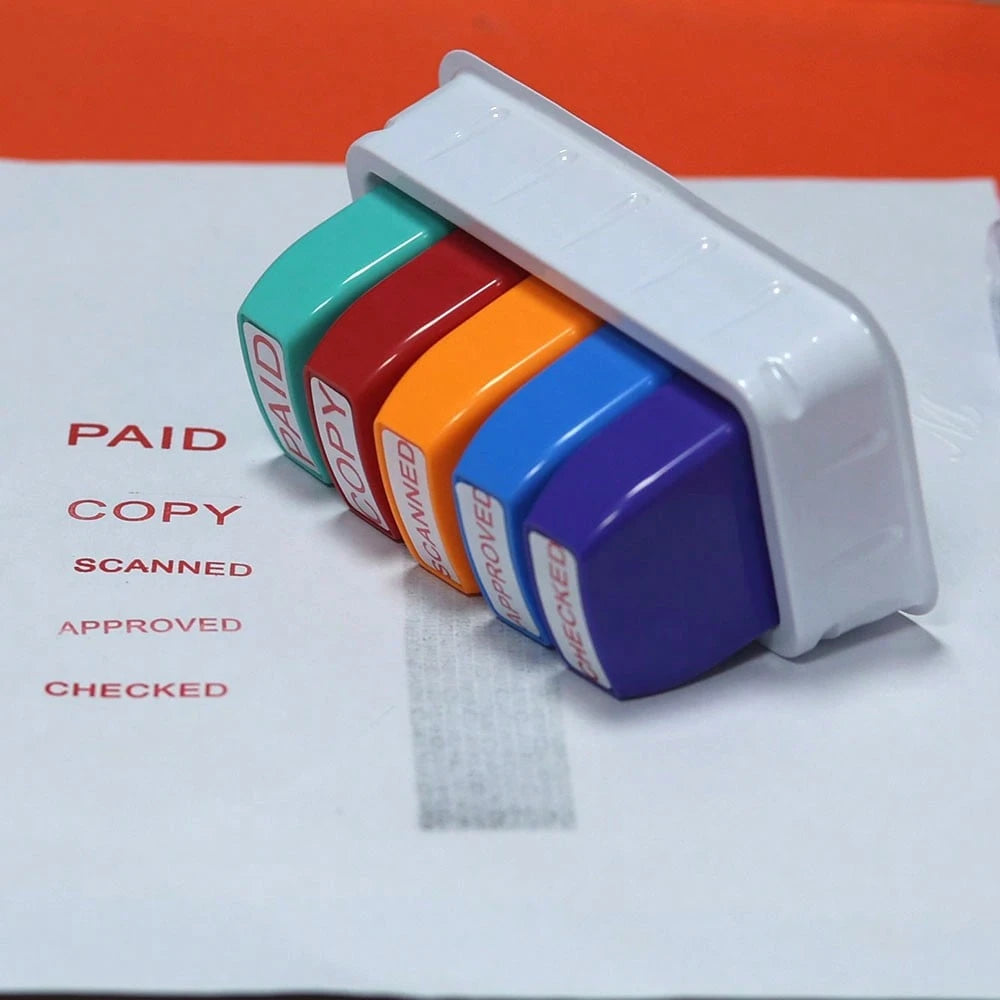 5 Sets Of Financial Seals PAID COPY SCANNED APPROVED CHECKED. Paid Copy Scanned Approved Checked. Office Supplies. Clear Mark Of Financial Supplies. Red Mark With Storage Tray