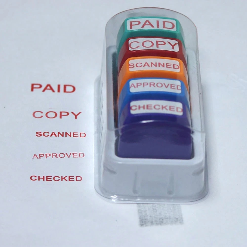 5 Sets Of Financial Seals PAID COPY SCANNED APPROVED CHECKED. Paid Copy Scanned Approved Checked. Office Supplies. Clear Mark Of Financial Supplies. Red Mark With Storage Tray