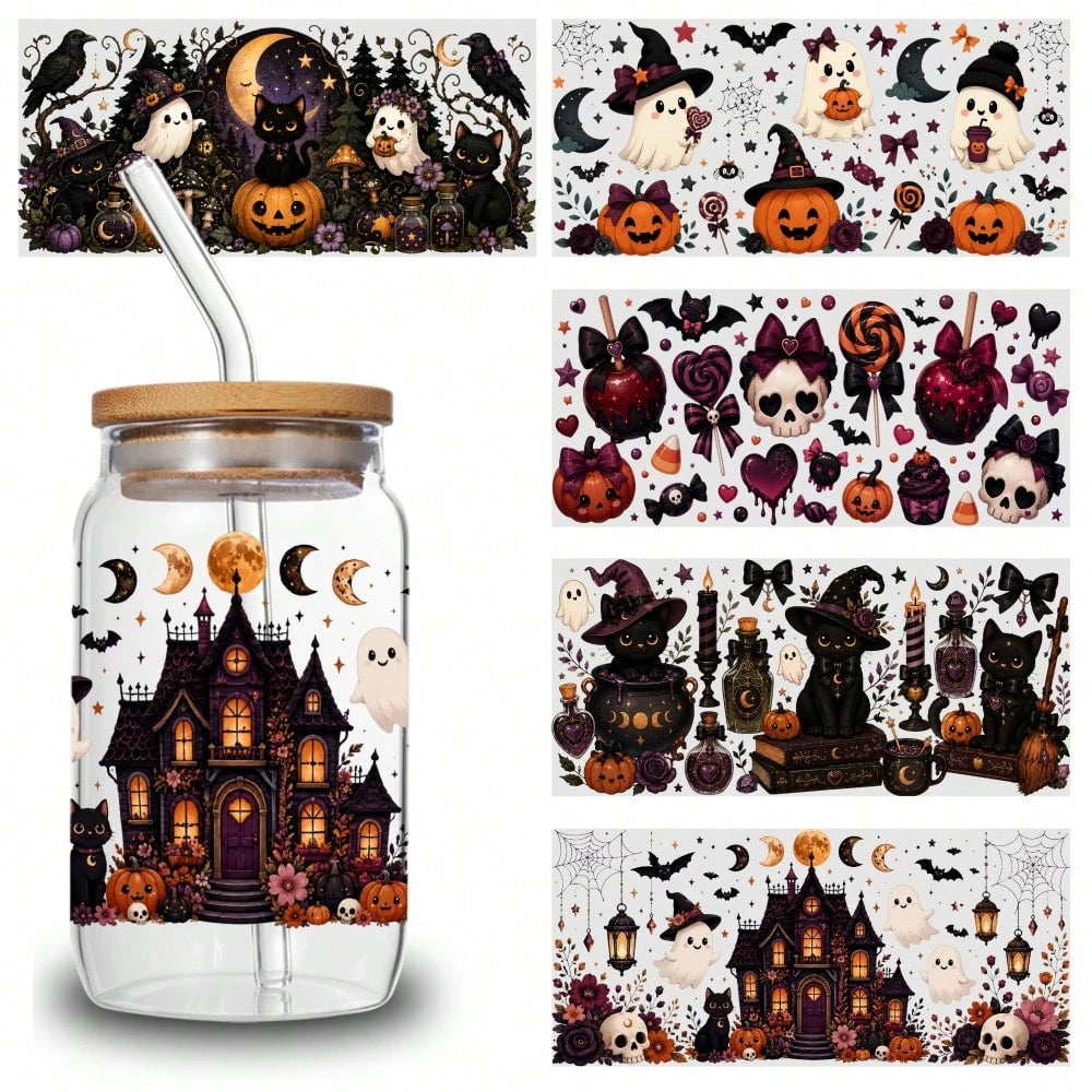 5 Sheets Halloween Cat UV DTF Stickers Design UV DTF Cup Packaging Transfer Waterproof Self-Adhesive Paper For 16oz Glass Mug Water Bottle Cup Practical Wrap, 3d Crystal Label Waterproof And Scratch