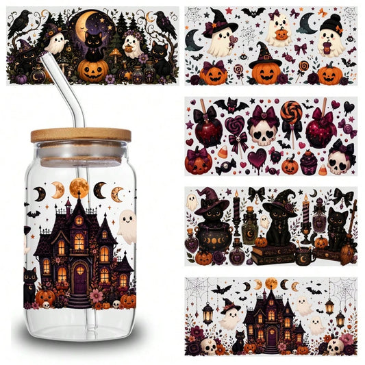 5 Sheets Halloween Cat UV DTF Stickers Design UV DTF Cup Packaging Transfer Waterproof Self-Adhesive Paper For 16oz Glass Mug Water Bottle Cup Practical Wrap, 3d Crystal Label Waterproof And Scratch