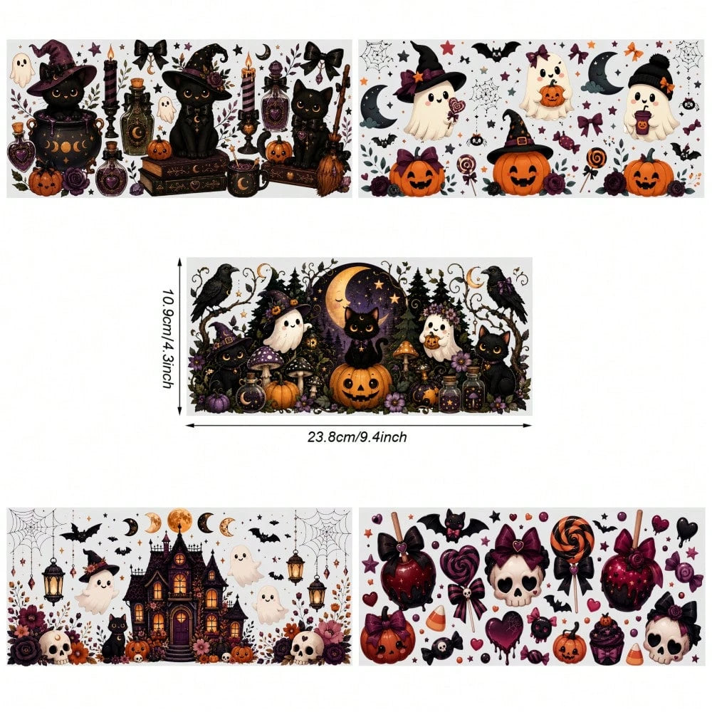 5 Sheets Halloween Cat UV DTF Stickers Design UV DTF Cup Packaging Transfer Waterproof Self-Adhesive Paper For 16oz Glass Mug Water Bottle Cup Practical Wrap, 3d Crystal Label Waterproof And Scratch