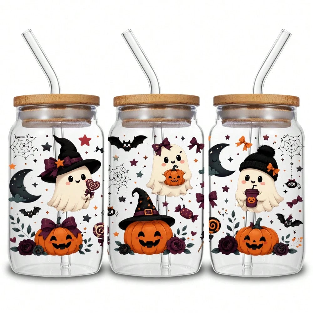 5 Sheets Halloween Cat UV DTF Stickers Design UV DTF Cup Packaging Transfer Waterproof Self-Adhesive Paper For 16oz Glass Mug Water Bottle Cup Practical Wrap, 3d Crystal Label Waterproof And Scratch