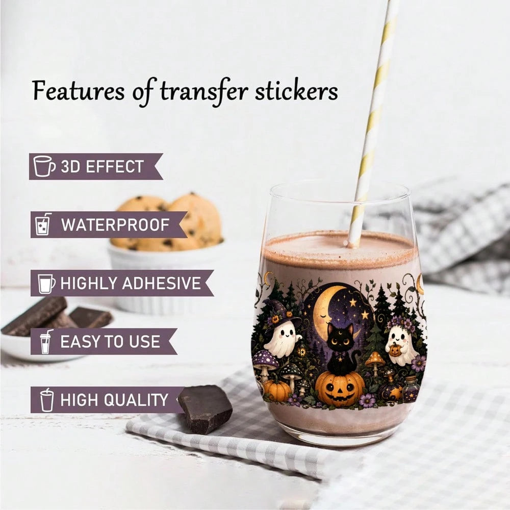 5 Sheets Halloween Cat UV DTF Stickers Design UV DTF Cup Packaging Transfer Waterproof Self-Adhesive Paper For 16oz Glass Mug Water Bottle Cup Practical Wrap, 3d Crystal Label Waterproof And Scratch