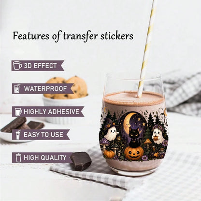 5 Sheets Halloween Cat UV DTF Stickers Design UV DTF Cup Packaging Transfer Waterproof Self-Adhesive Paper For 16oz Glass Mug Water Bottle Cup Practical Wrap, 3d Crystal Label Waterproof And Scratch
