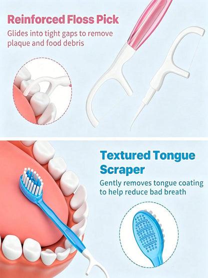 50/30/20/10/5/1pc Disposable Oral Care Tools, Individually Wrapped Dental Hygiene Kit With Mini Toothbrush, Floss Pick, Toothpick & Tongue Cleaner, Portable Travel Oral Cleaning Supplies For Home, Off
