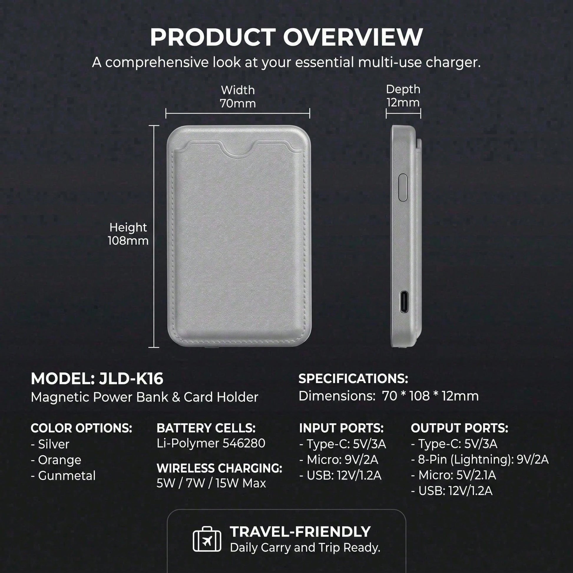 5000mAh Ultra Slim Magnetic Card Holder Power Bank, 15W Wireless & 22.5W Wired Fast Charging Portable Battery Pack, Premium Leather Wallet Design Phone Charger With Secure Card Pocket, Compatible With