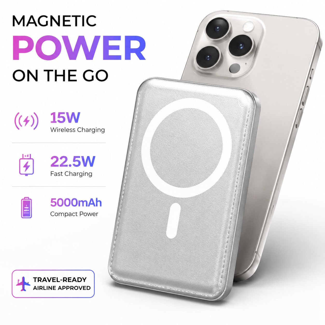 5000mAh Ultra Slim Magnetic Card Holder Power Bank, 15W Wireless & 22.5W Wired Fast Charging Portable Battery Pack, Premium Leather Wallet Design Phone Charger With Secure Card Pocket, Compatible With