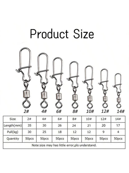 50PCS Fishing Connector Pin Bearing Rolling Swivel Stainless Steel Snap Fishhook Lure Fishing Tackle
