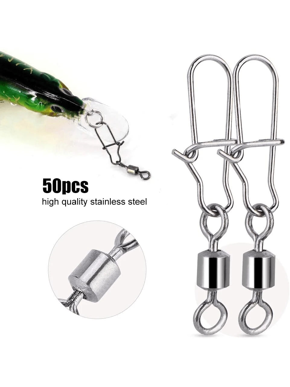 50PCS Fishing Connector Pin Bearing Rolling Swivel Stainless Steel Snap Fishhook Lure Fishing Tackle
