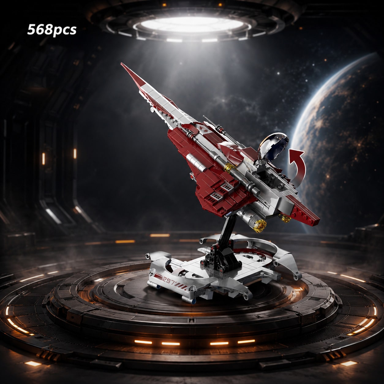 568pcs Sci-Fi Red Fighter Jet Building Blocks Set, Small Particle Building Blocks Set, Adult Building Blocks Set, Spaceship Assembly Model Toy, Birthday Holiday Gift For Adult Sci-Fi Collectors