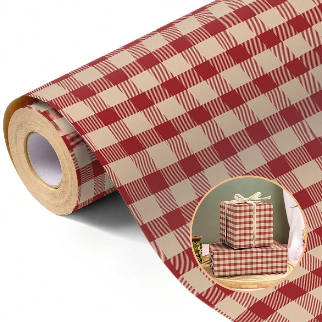 5m Roll Wrapping Paper, Red Plaid Single-Sided Pattern, Kraft Paper 43cm X 500cm, Thickened Gift Wrapping Paper DIY, Suitable For Christmas Gifts, New Year Gifts, Birthday Gifts, Girlfriend Parties, G