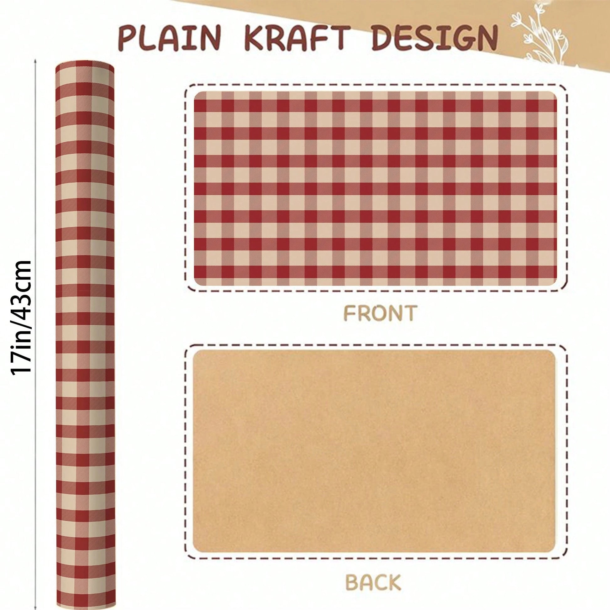 5m Roll Wrapping Paper, Red Plaid Single-Sided Pattern, Kraft Paper 43cm X 500cm, Thickened Gift Wrapping Paper DIY, Suitable For Christmas Gifts, New Year Gifts, Birthday Gifts, Girlfriend Parties, G