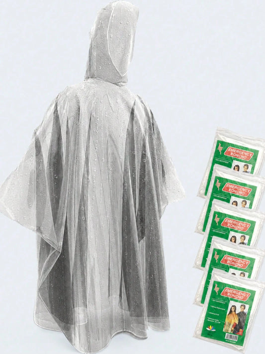 5pcs/2/1 Clear Disposable Rain Ponchos For Adults, Waterproof Emergency Hooded Raincoat, Lightweight Portable Unisex Rain Gear For Travel, Camping, Hiking, Festivals, Concerts, Theme Parks & Outdoor E