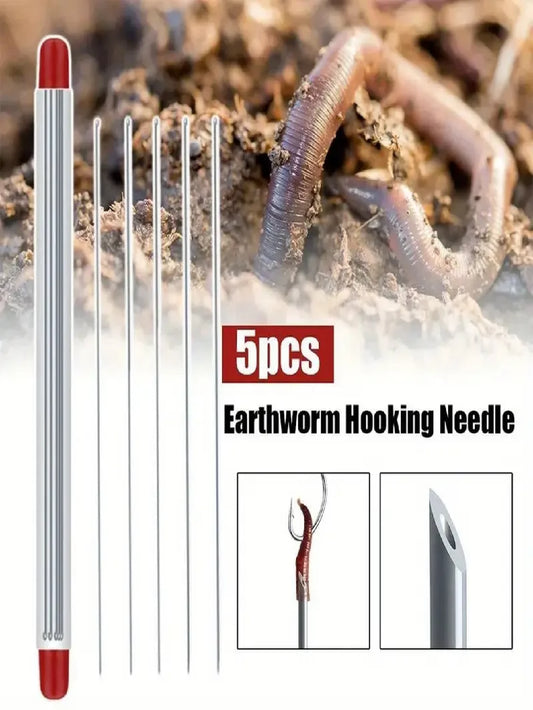 5pcs Hollow Worm Hooks, Worm Bait Needles, Red Worm Bait Inflator, Stainless Steel Bait Feeder, Fishing Tackle