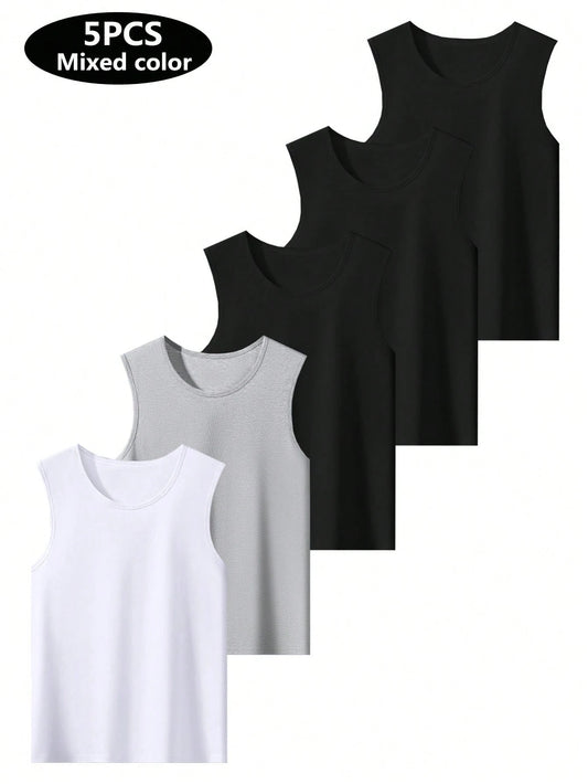 5pcs/Pack Assorted Color Lightweight Breathable Stretchy Solid Color Men's Undershirts, Comfortable For Summer, Sports, Running, Workout
