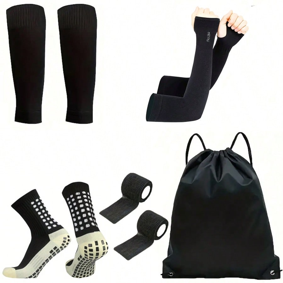 5pcs/Set Football Sports Accessories Kit, Includes Football Leg Warmers, Knitted Sock Sleeves, Ice Sleeves, Drawstring Bag, Sports Fixing Strap, Meets Football Sports Needs, Suitable As A Gift For Foo