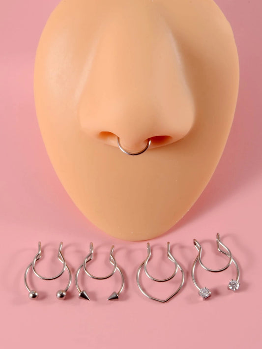 5pcs/Set Stainless Steel, Simple & Stylish Rhinestone Detail Nose Cuff For Women And Men, Punk Non Piercing, A Fashionable Body Jewelry Gift For Any Occasion