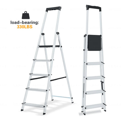 6-Step Ladder, 330-Pound Folding Step Stool, Anti-Slip Wide Step Handrail, Aluminum Step Ladder