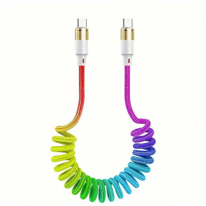 60W Fast Charging Spring-Style USB Charging Cable, Adjustable Length Nylon Braided Charging Cable Compatible With/ 15/ 16 Series Car Phone Fast Charging (Max Extendable To 1.2m), Suitable For IPhone