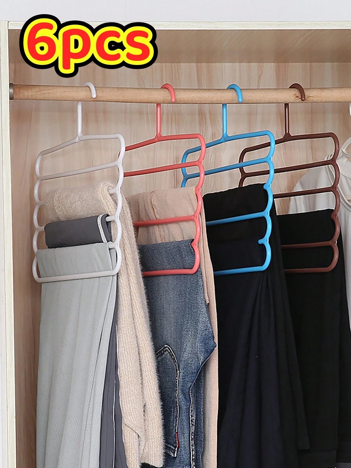 6pcs/3pcs/1pc 5-Tier Multi-Functional Clothes Hanger, Plastic Scarf Pants Organizer Hanger, Non-Slip Upgraded Design, Suitable For Tie, Scarf And Accessory Storage In Wardrobe Or Closet, Perfect Home