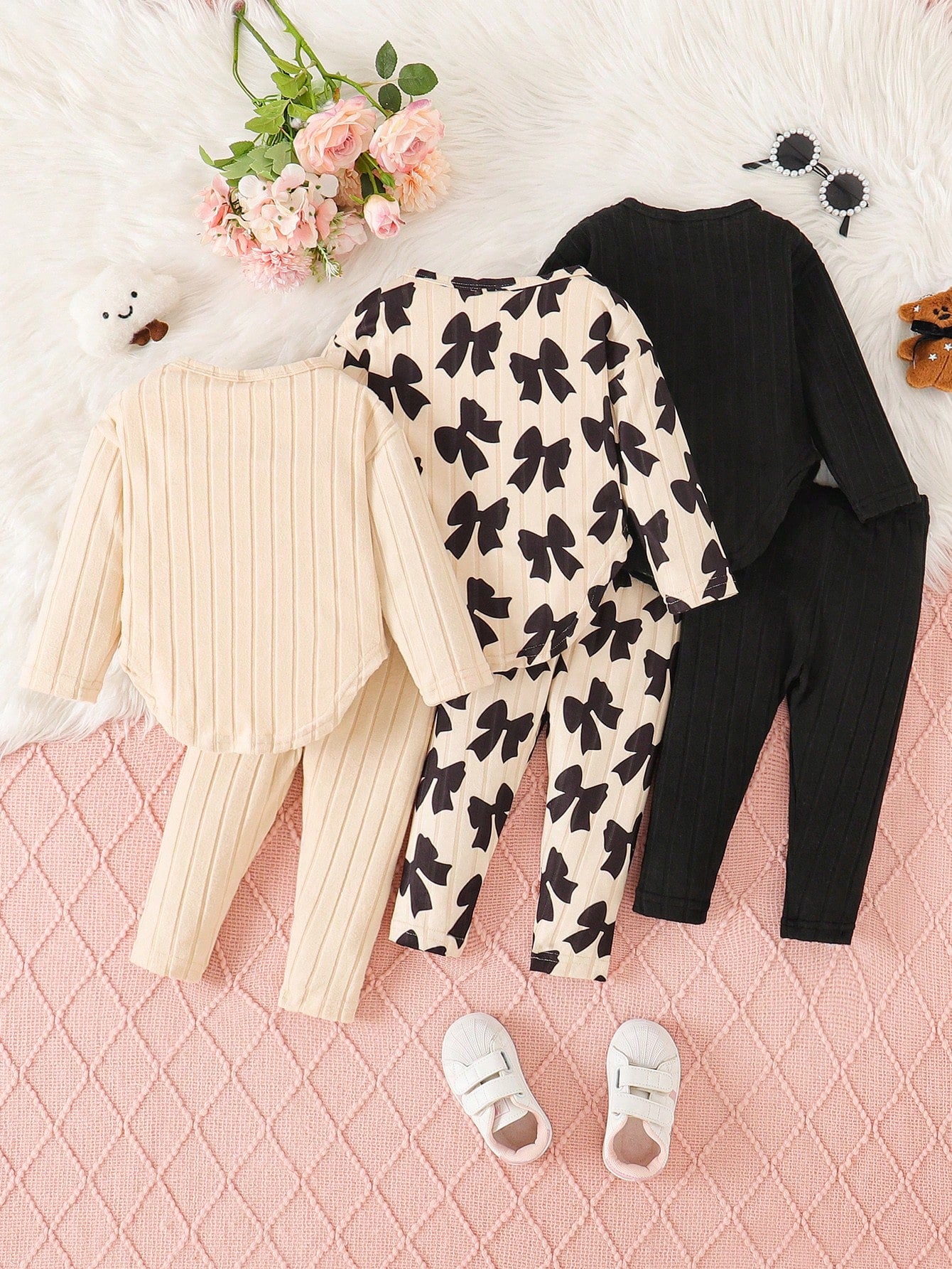 6pcs Baby Girls Bow Print Top With Curved Hem + Printed Solid Color Pants Set, Cute Casual Versatile Outfit For Autumn