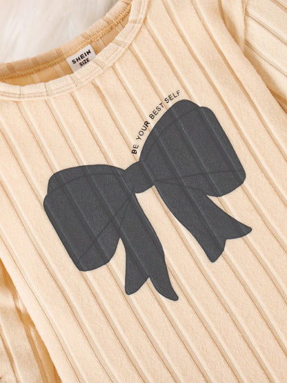 6pcs Baby Girls Bow Print Top With Curved Hem + Printed Solid Color Pants Set, Cute Casual Versatile Outfit For Autumn