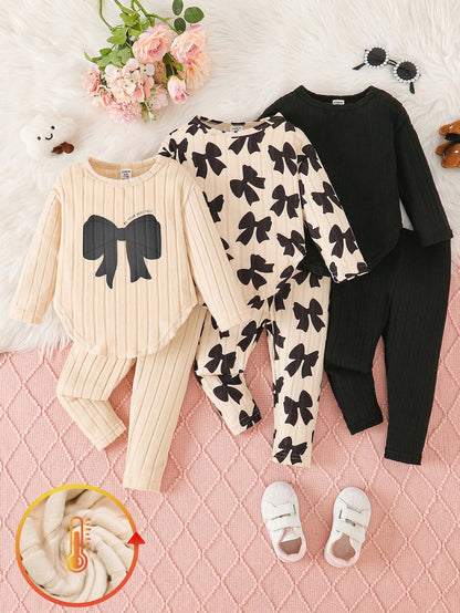 6pcs Baby Girls Bow Print Top With Curved Hem + Printed Solid Color Pants Set, Cute Casual Versatile Outfit For Autumn