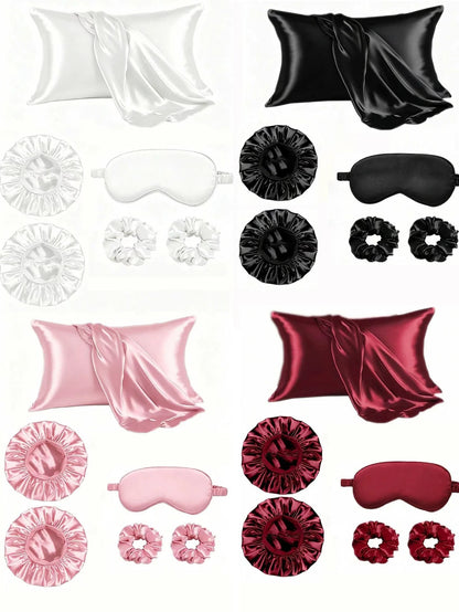 6pcs Bath & Care Set Other Natural Casual Satin Solid Color Pillowcase 1pc, Shower Cap 2pcs, Hair Scrunchies 3pcs, Home Vacation Night Date Daily Four Seasons Holiday Essentials, Hair Accessories, Sum