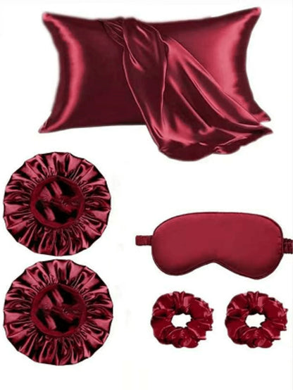 6pcs Bath & Care Set Other Natural Casual Satin Solid Color Pillowcase 1pc, Shower Cap 2pcs, Hair Scrunchies 3pcs, Home Vacation Night Date Daily Four Seasons Holiday Essentials, Hair Accessories, Sum