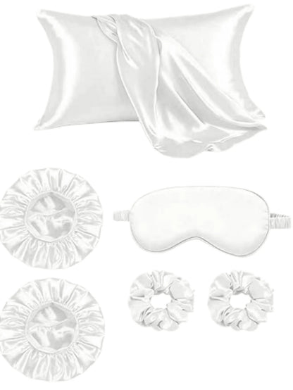 6pcs Bath & Care Set Other Natural Casual Satin Solid Color Pillowcase 1pc, Shower Cap 2pcs, Hair Scrunchies 3pcs, Home Vacation Night Date Daily Four Seasons Holiday Essentials, Hair Accessories, Sum